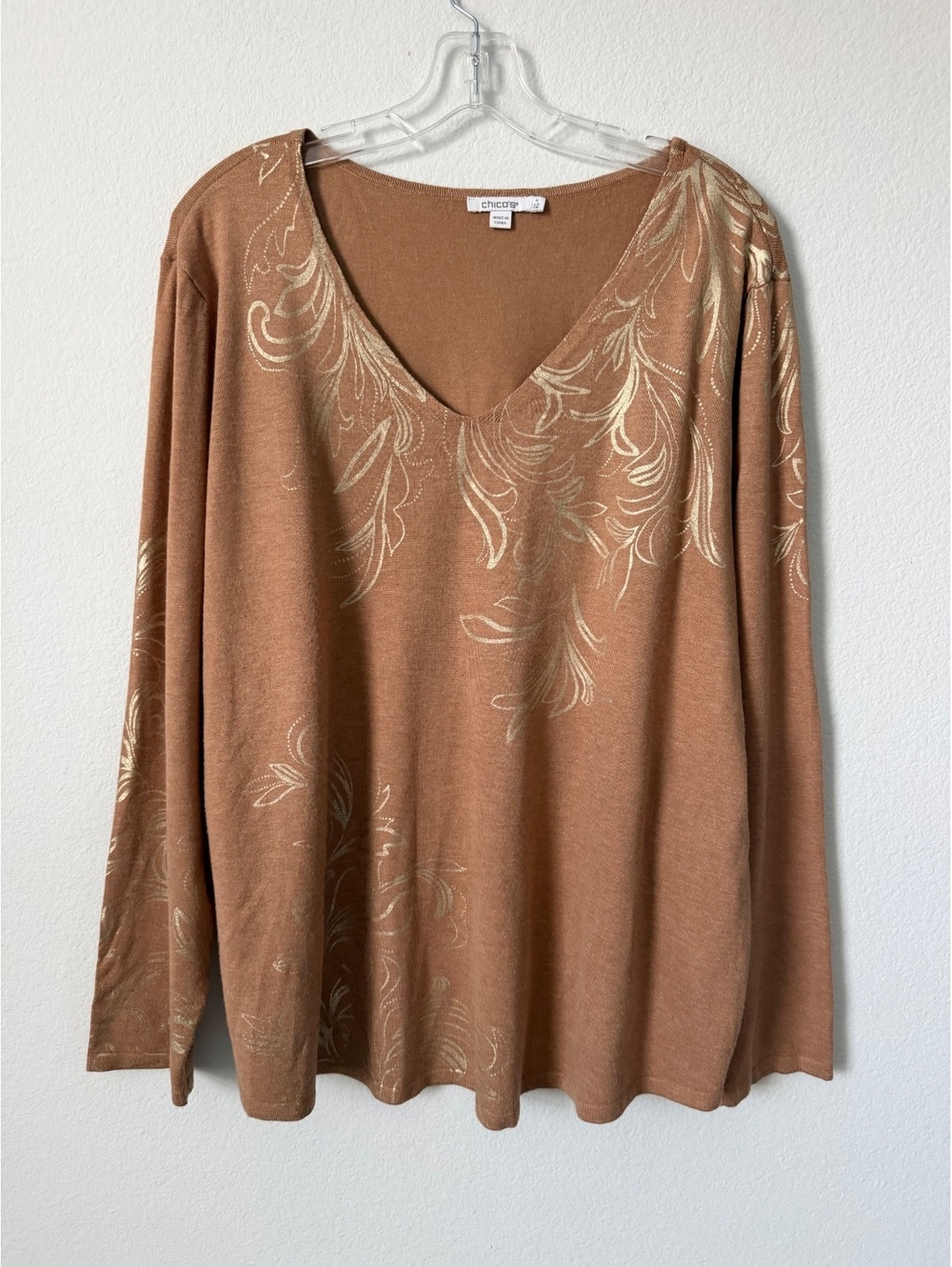 Chico’s V-Neck Brown with Gold Abstract Print Pullover Sweater Size 4 (XXL)